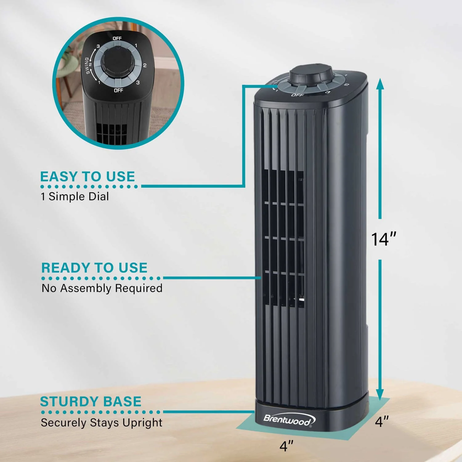 Brentwood 14-in. Portable Oscillating Tower Fan with 3 Speeds, 53 CFM, 50° Oscillation, 25 Watts, 61-in. Cord - Image 2