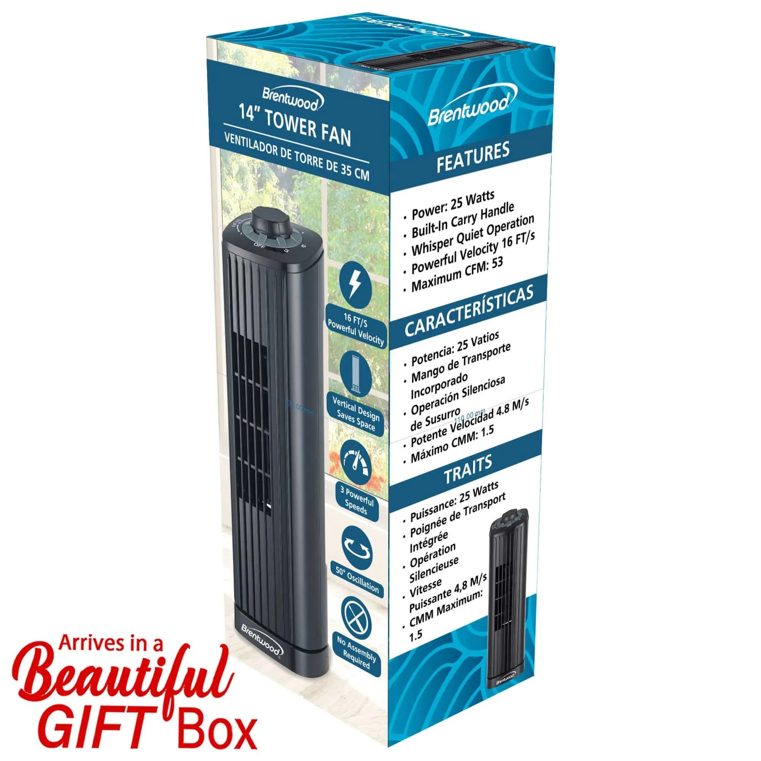 Brentwood 14-in. Portable Oscillating Tower Fan with 3 Speeds, 53 CFM, 50° Oscillation, 25 Watts, 61-in. Cord - Image 3