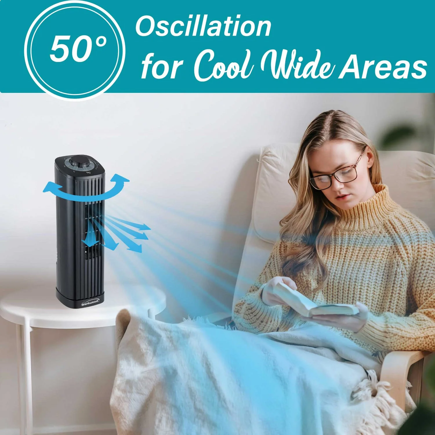 Brentwood 14-in. Portable Oscillating Tower Fan with 3 Speeds, 53 CFM, 50° Oscillation, 25 Watts, 61-in. Cord - Image 5