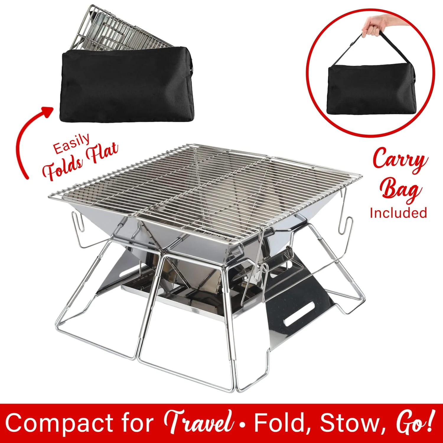 Brentwood 14-In. x 14-In. Stainless Steel Portable Folding Charcoal BBQ Grill and Outdoor Fire Pit with Carry Bag, BB-4X14SS - Image 2