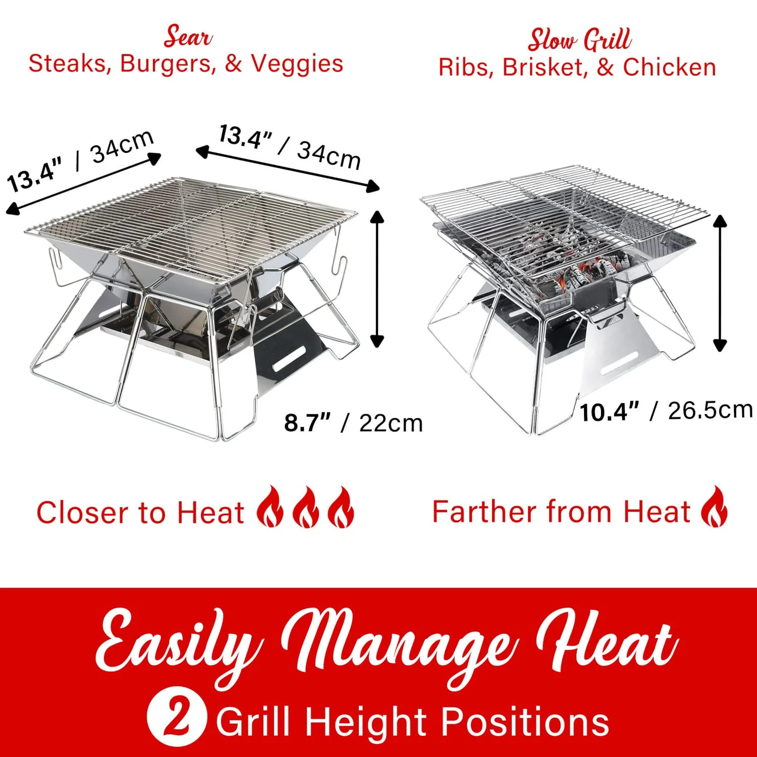 Brentwood 14-In. x 14-In. Stainless Steel Portable Folding Charcoal BBQ Grill and Outdoor Fire Pit with Carry Bag, BB-4X14SS - Image 3