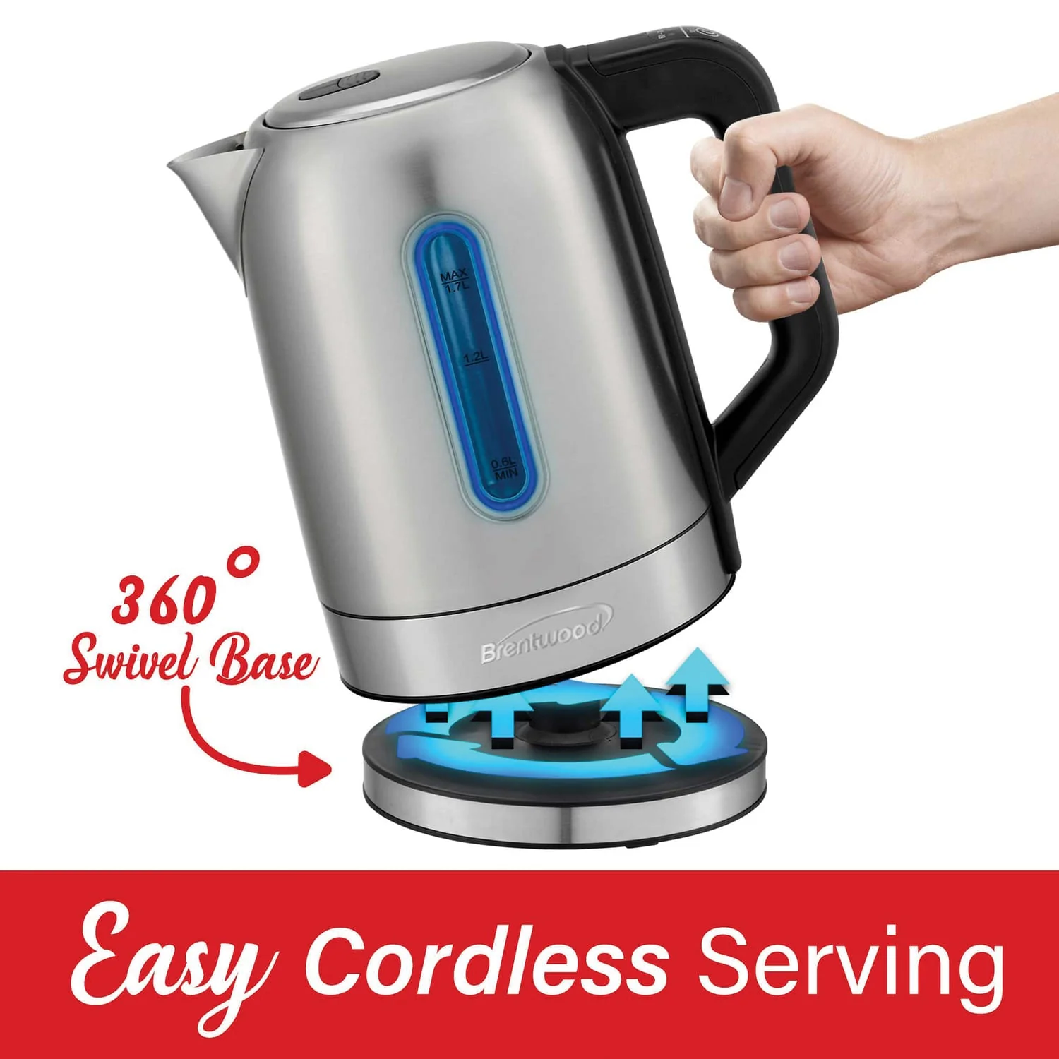 Brentwood 1500-Watt 1.79-Qt. Cordless Digital Stainless Steel Kettle with 5 Temperature Presets and Swivel Base - Image 2