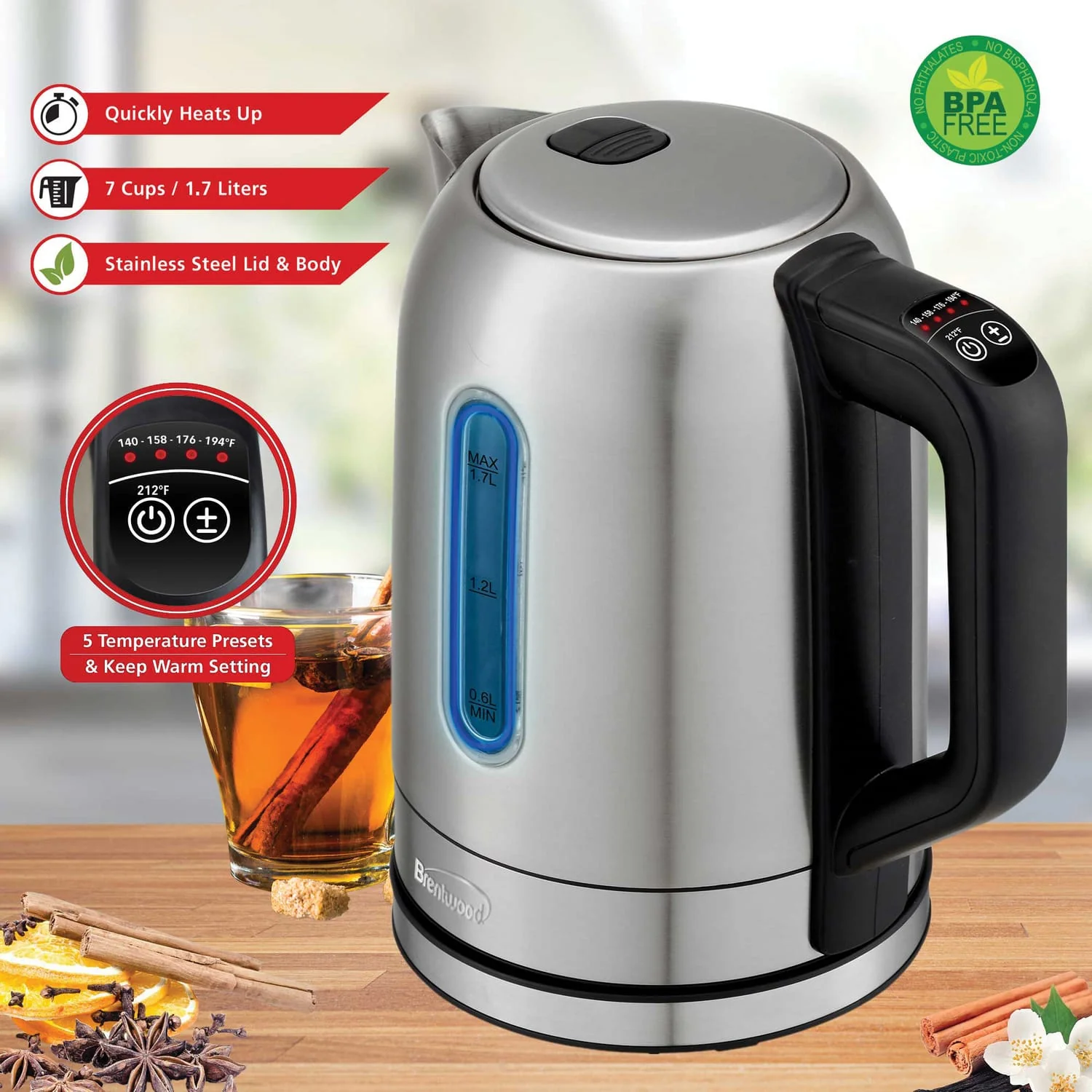 Brentwood 1500-Watt 1.79-Qt. Cordless Digital Stainless Steel Kettle with 5 Temperature Presets and Swivel Base - Image 4