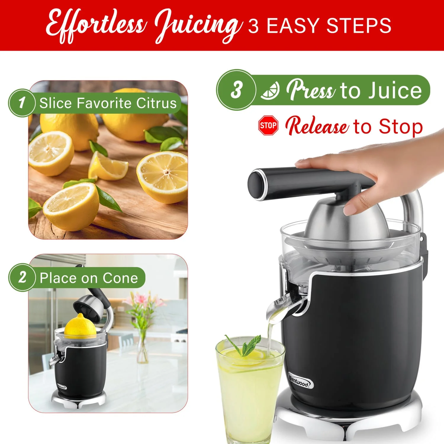 Brentwood 200-Watt 1-Speed Electric Citrus Juicer with 2 Cones and Stainless Steel Lever, Black - Image 3