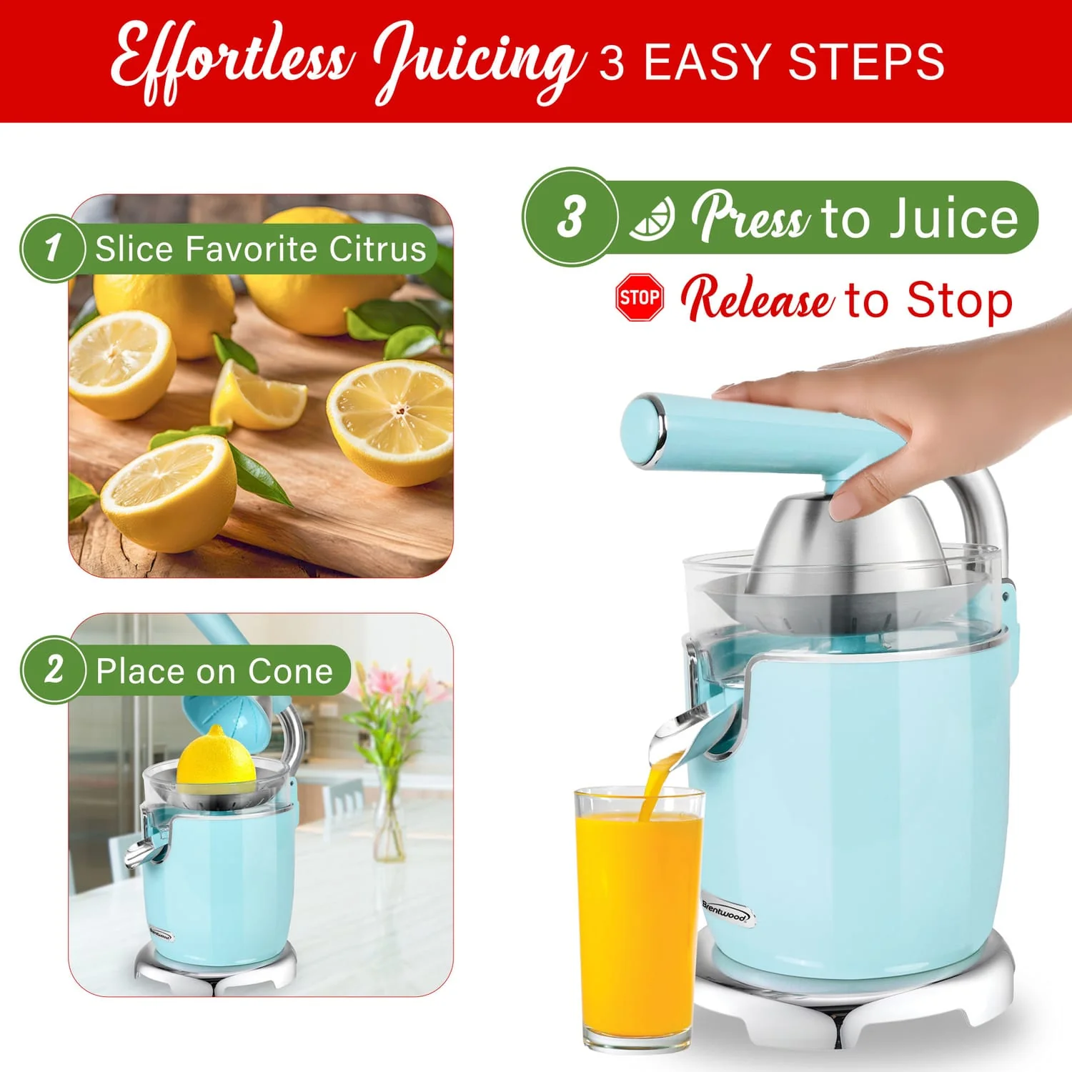 Brentwood 200-Watt 1-Speed Electric Citrus Juicer with 2 Cones and Stainless Steel Lever, Blue - Image 4