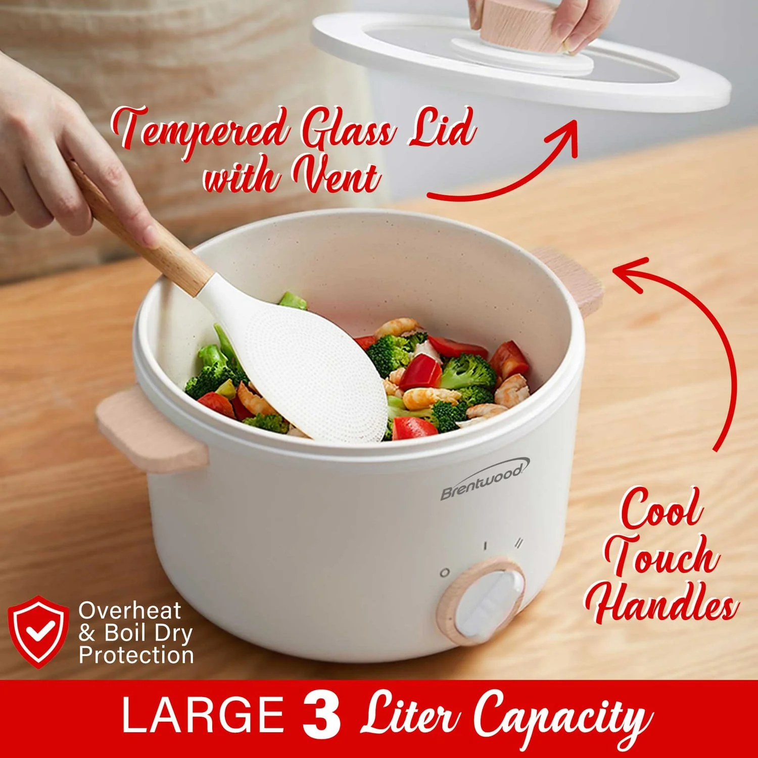 Brentwood 3.2-Qt. Multi-Function Electric Hot Pot Cooker with Food Steamer and Ceramic Non-Stick Coating, White, HPS-3302W - Image 3