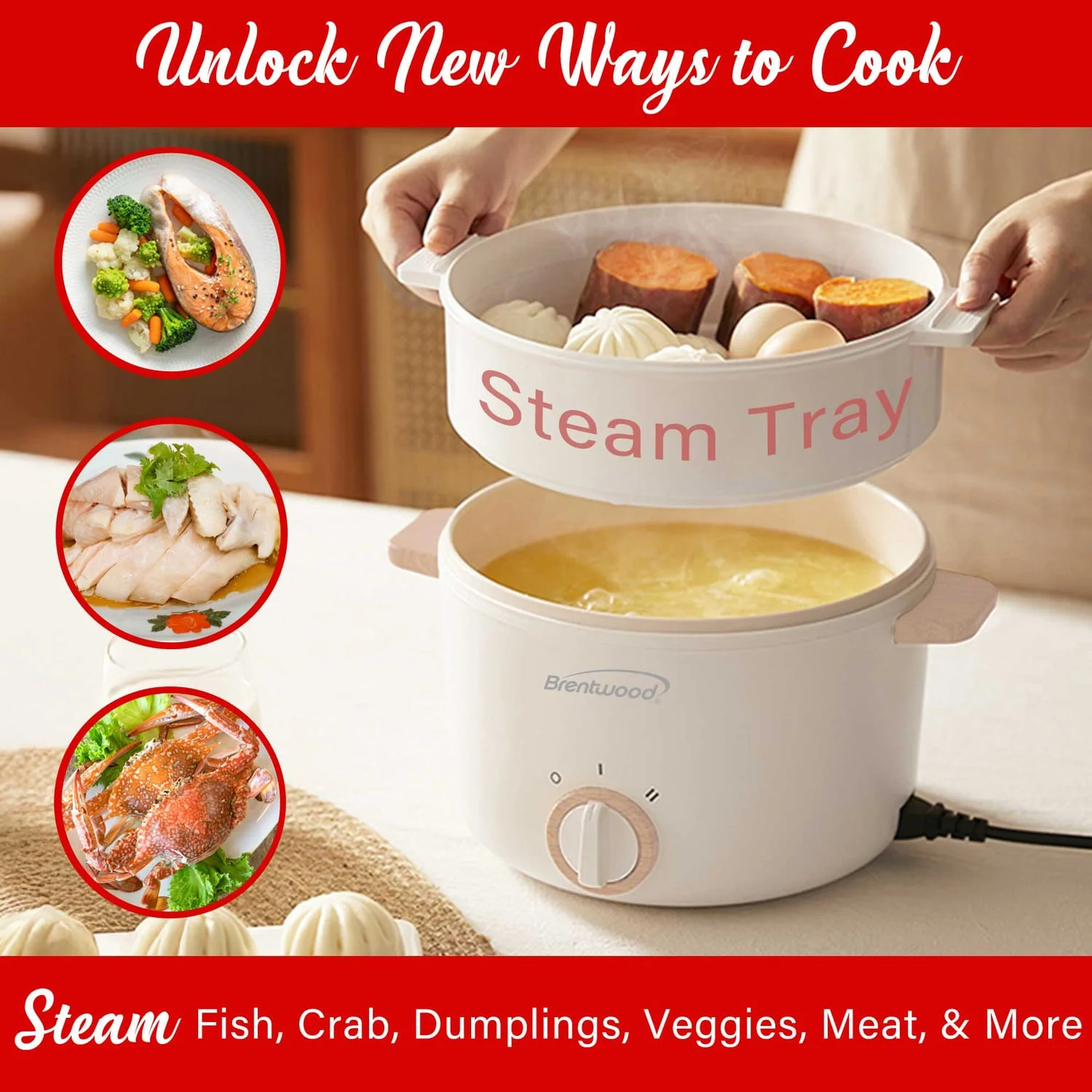 Brentwood 3.2-Qt. Multi-Function Electric Hot Pot Cooker with Food Steamer and Ceramic Non-Stick Coating, White, HPS-3302W - Image 5