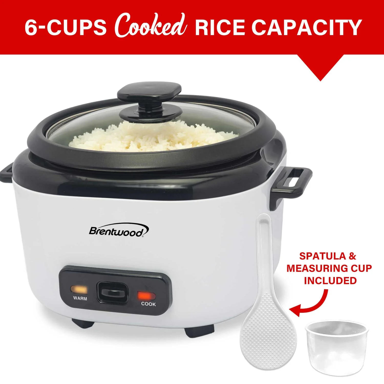 Brentwood 3-Cups Uncooked/6-Cups Cooked Electric Rice Cooker with Measuring Cup and Spatula, White - Image 5