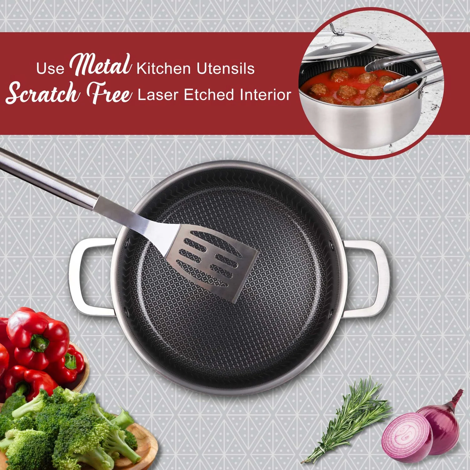 Brentwood 3-Ply Hybrid Non-Stick Stainless Steel Dutch Oven with Tempered Glass Lid, 4 Qt. - Image 2