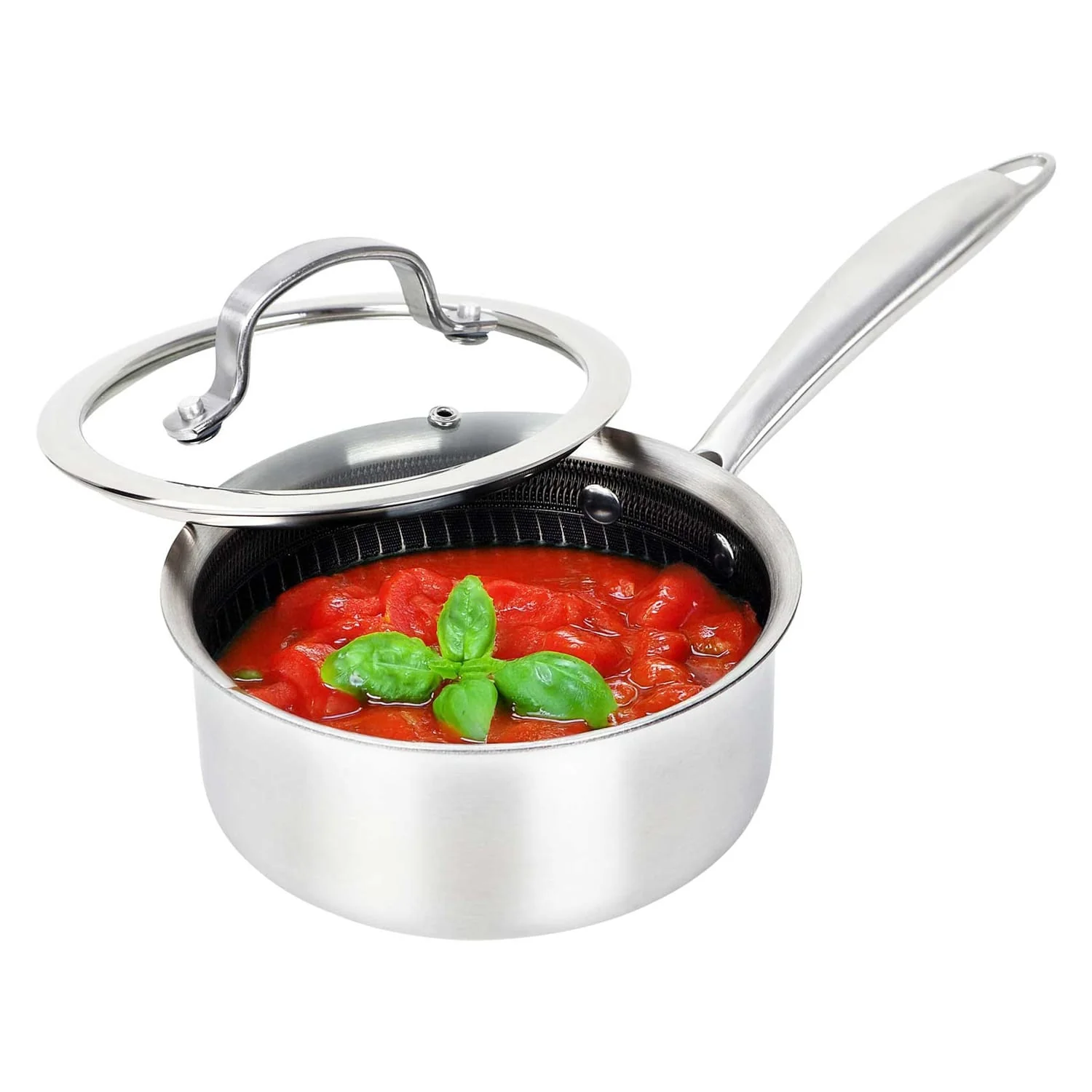 Brentwood 3-Ply Hybrid Non-Stick Stainless Steel Saucepan with Tempered Glass Lid, 1.5 Qt. - Image 2