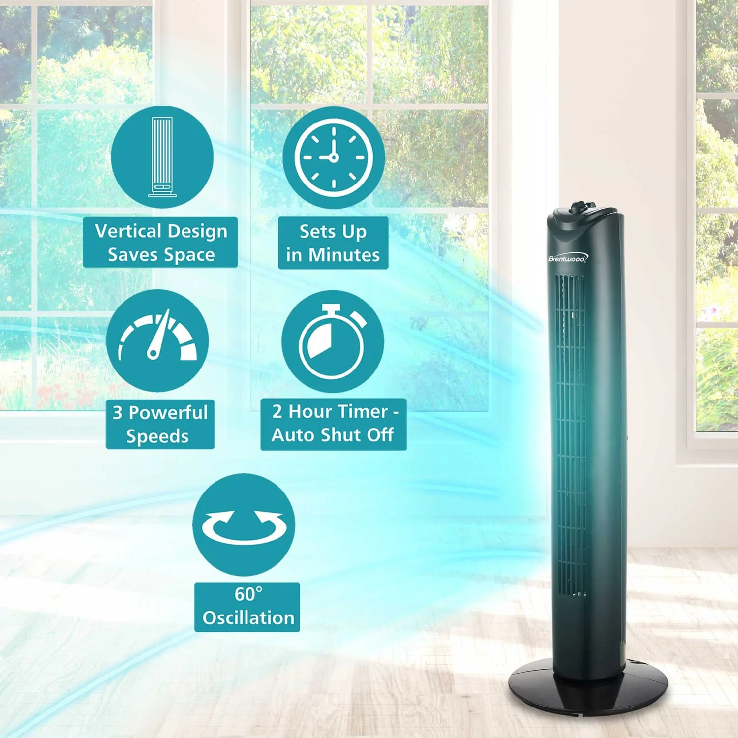 Brentwood 32-In. Portable Oscillating Tower Fan with Timer, 3 Speeds, 275 CFM, 60° Oscillation, 45 Watts, 72-In. Cord, Black - Image 2