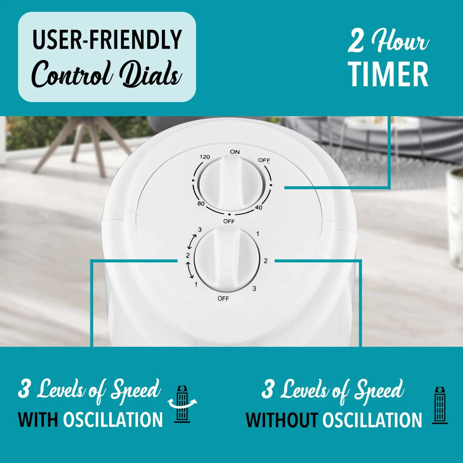 Brentwood 32-In. Portable Oscillating Tower Fan with Timer, 3 Speeds, 275 CFM, 60° Oscillation, 45 Watts, 72-In. Cord, White - Image 3