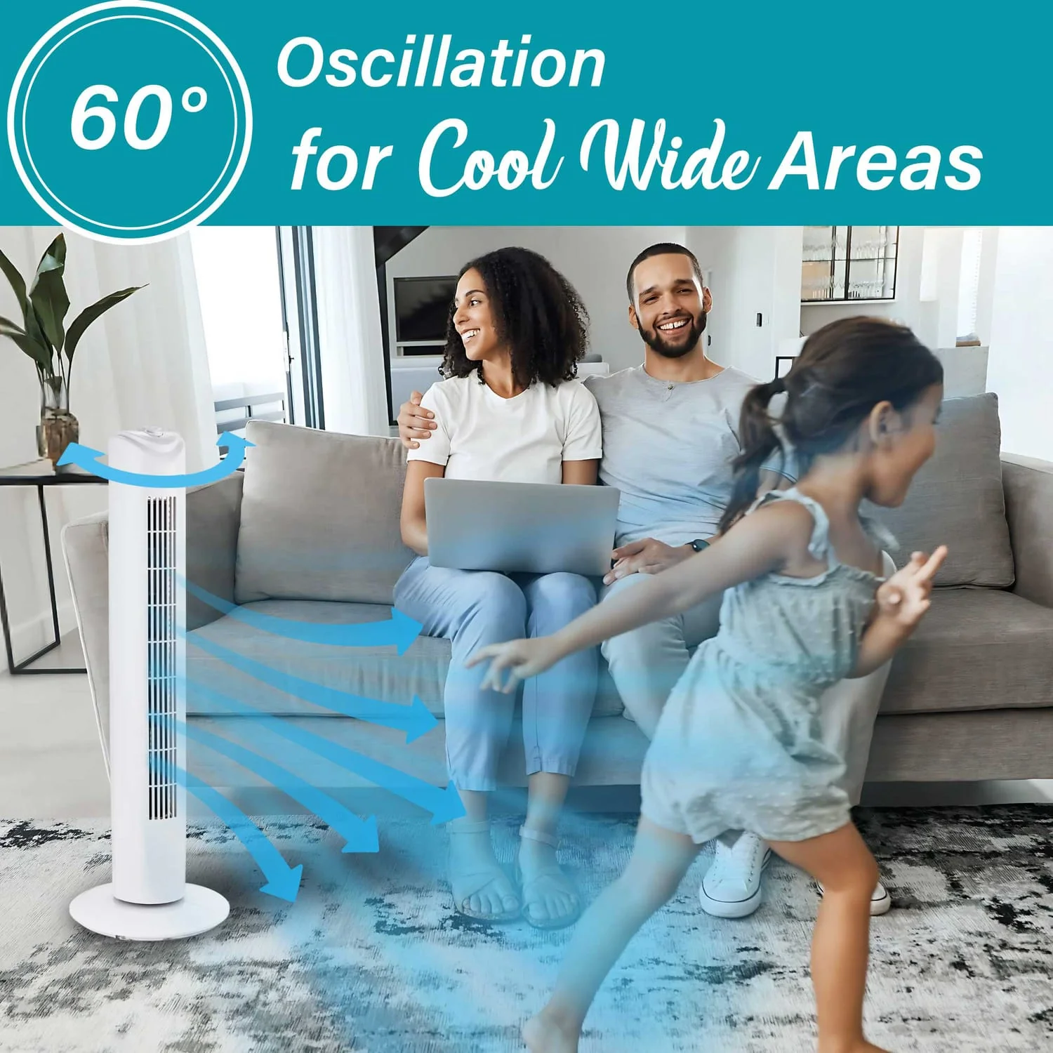 Brentwood 32-In. Portable Oscillating Tower Fan with Timer, 3 Speeds, 275 CFM, 60° Oscillation, 45 Watts, 72-In. Cord, White - Image 4