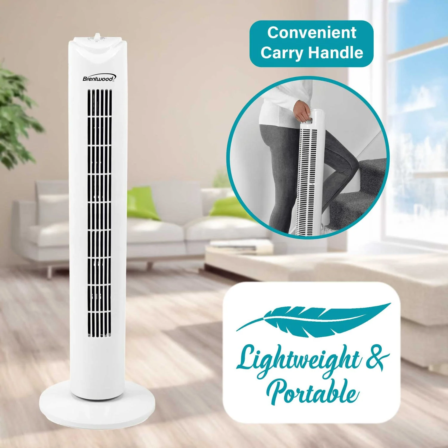 Brentwood 32-In. Portable Oscillating Tower Fan with Timer, 3 Speeds, 275 CFM, 60° Oscillation, 45 Watts, 72-In. Cord, White - Image 5