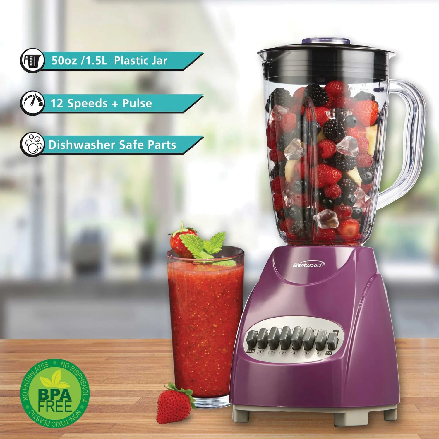 Brentwood 50-Ounce 12-Speed + Pulse Blender, Purple - Image 5