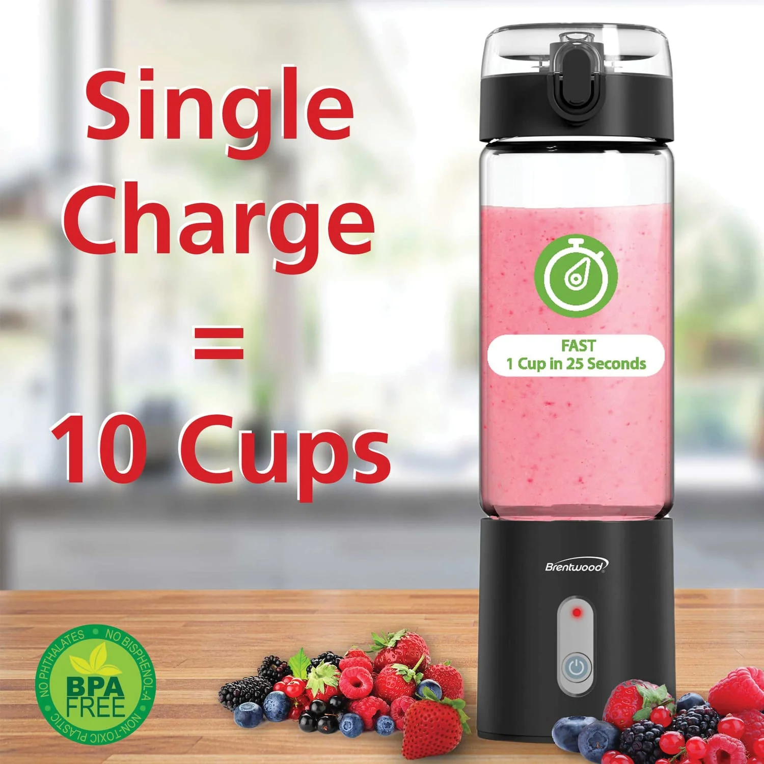 Brentwood 50-Watt 17-Oz. Portable Battery-Operated USB-Chargeable Glass Blender, Black - Image 3