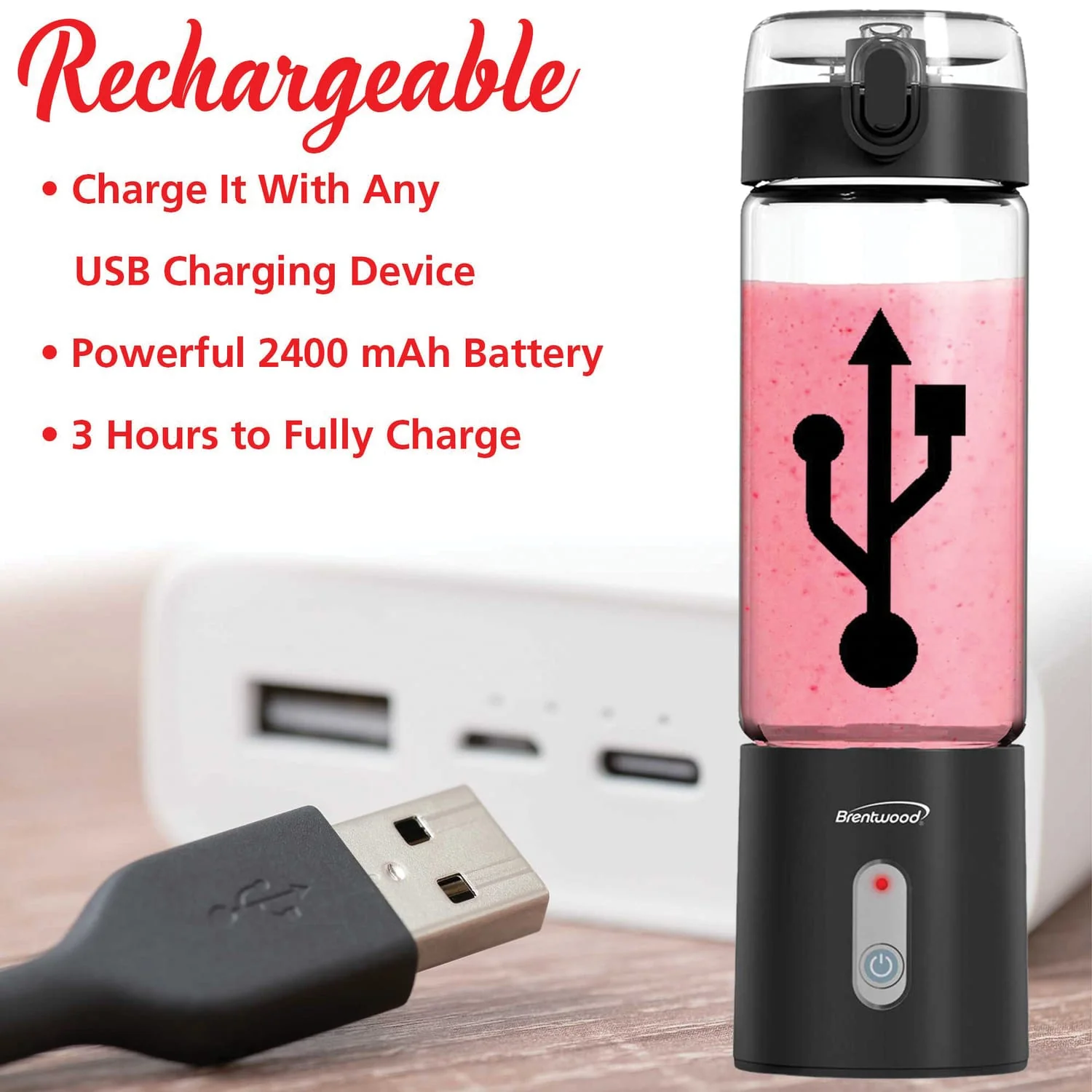 Brentwood 50-Watt 17-Oz. Portable Battery-Operated USB-Chargeable Glass Blender, Black - Image 4