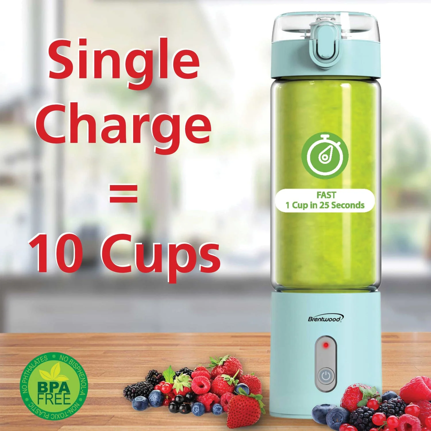 Brentwood 50-Watt 17-Oz. Portable Battery-Operated USB-Chargeable Glass Blender, Blue - Image 4