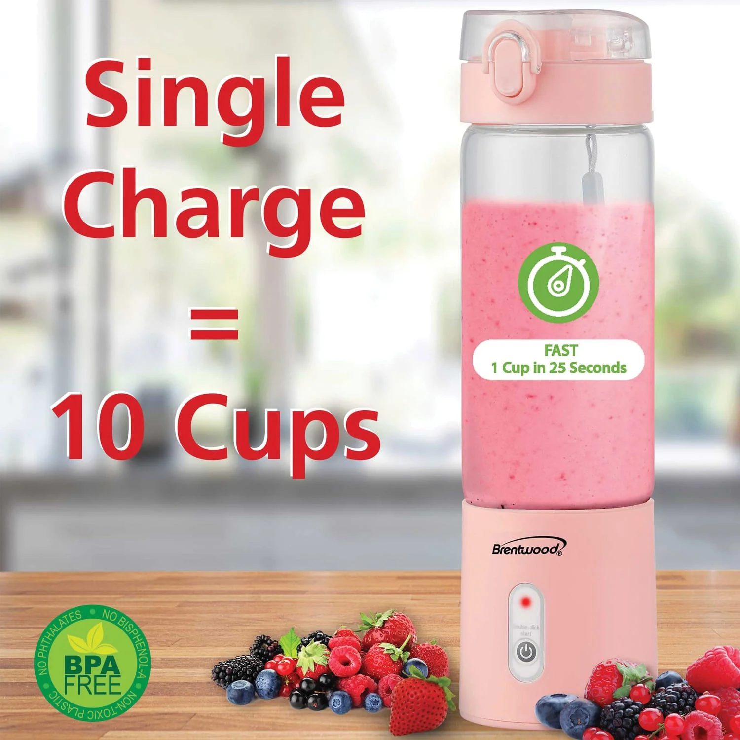 Brentwood 50-Watt 17-Oz. Portable Battery-Operated USB-Chargeable Glass Blender, Pink - Image 2