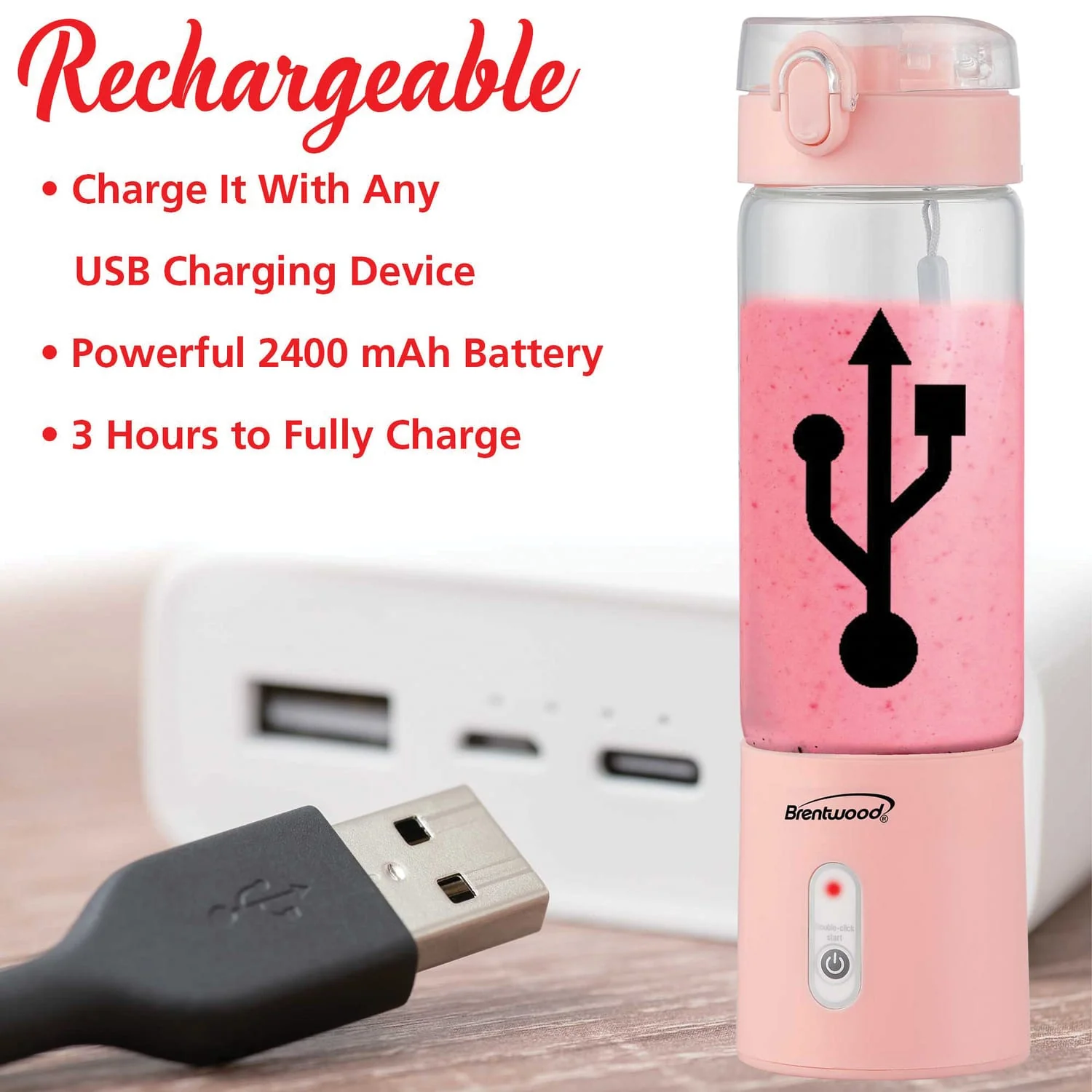 Brentwood 50-Watt 17-Oz. Portable Battery-Operated USB-Chargeable Glass Blender, Pink - Image 3