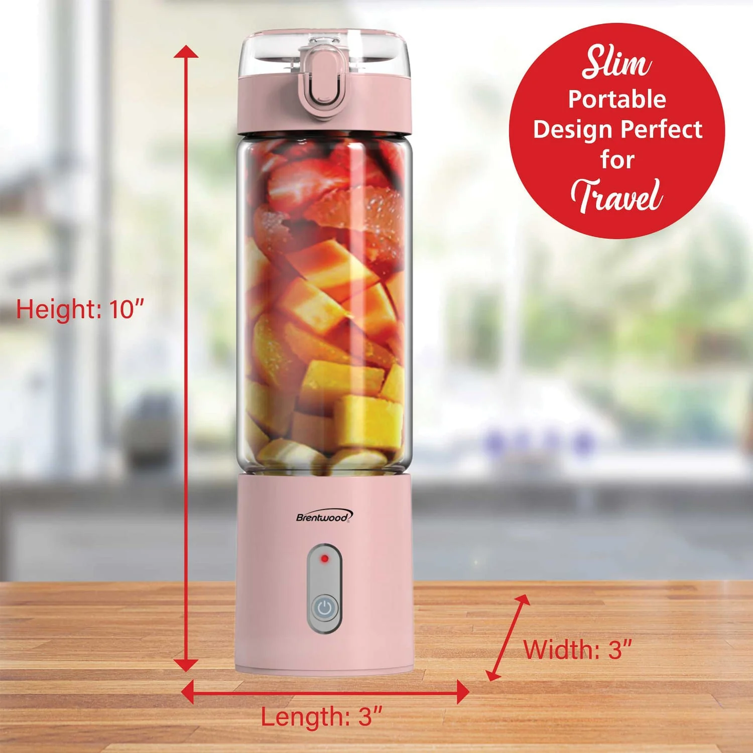 Brentwood 50-Watt 17-Oz. Portable Battery-Operated USB-Chargeable Glass Blender, Pink - Image 4