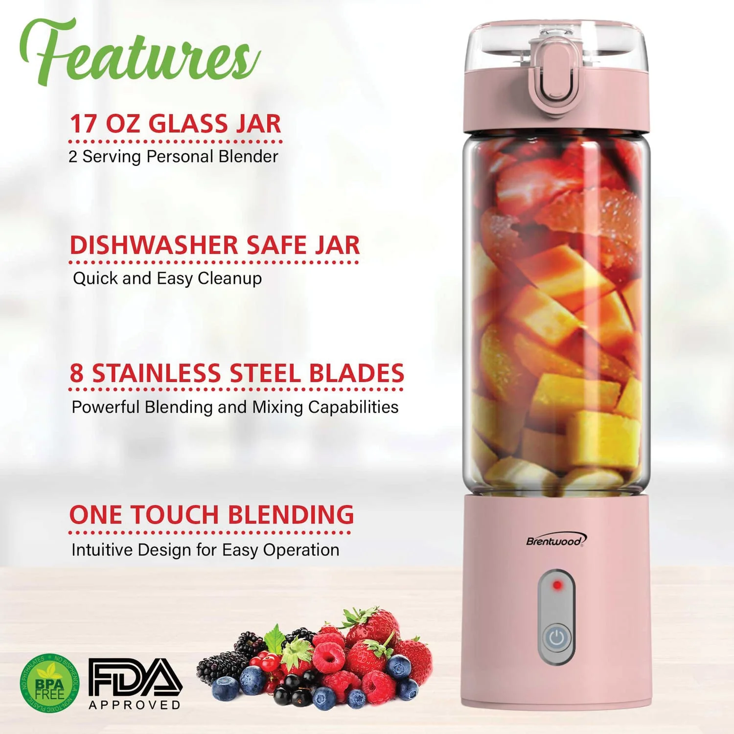 Brentwood 50-Watt 17-Oz. Portable Battery-Operated USB-Chargeable Glass Blender, Pink - Image 5