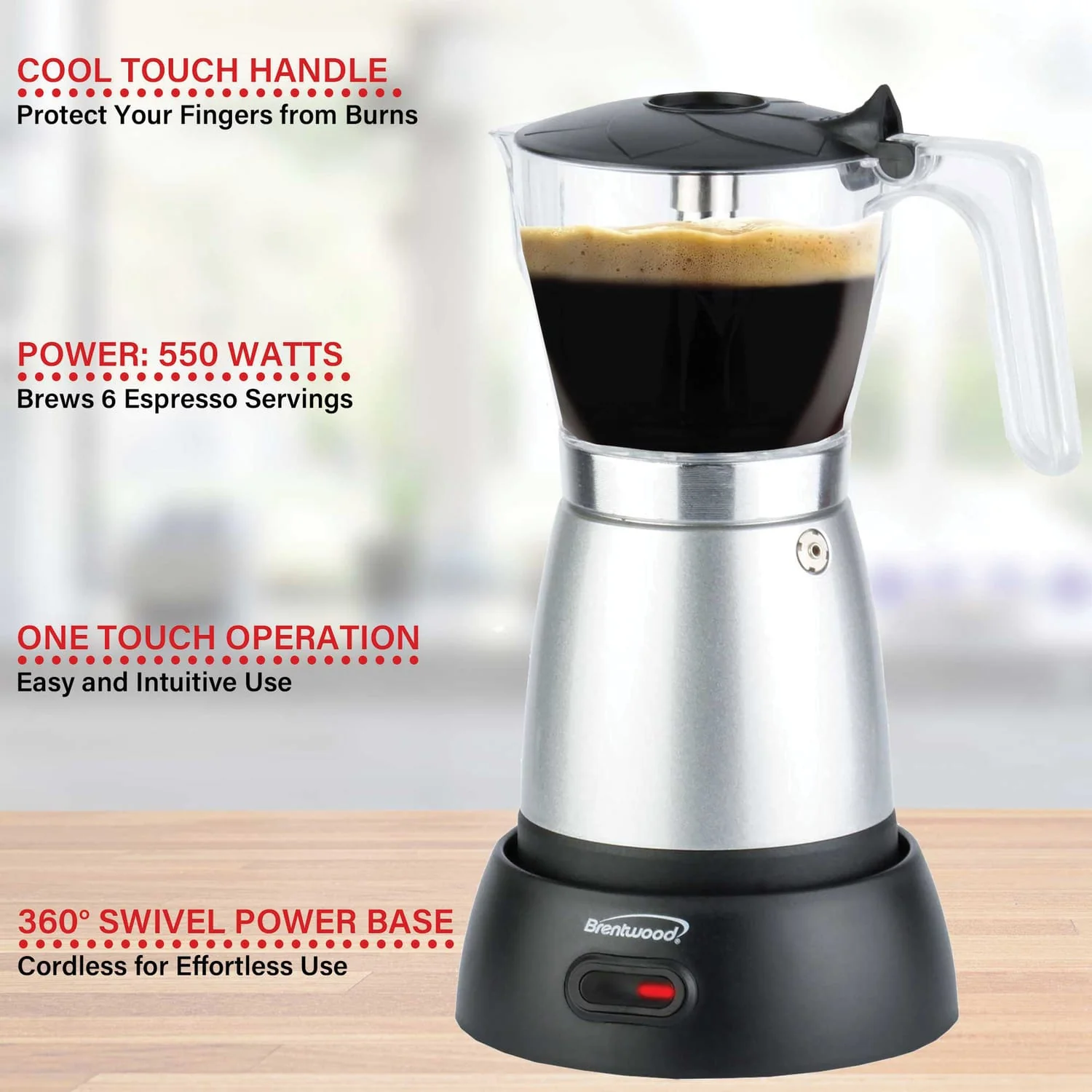 Brentwood 6-Cup Electric Moka Pot Espresso Machine, Silver - Image 2