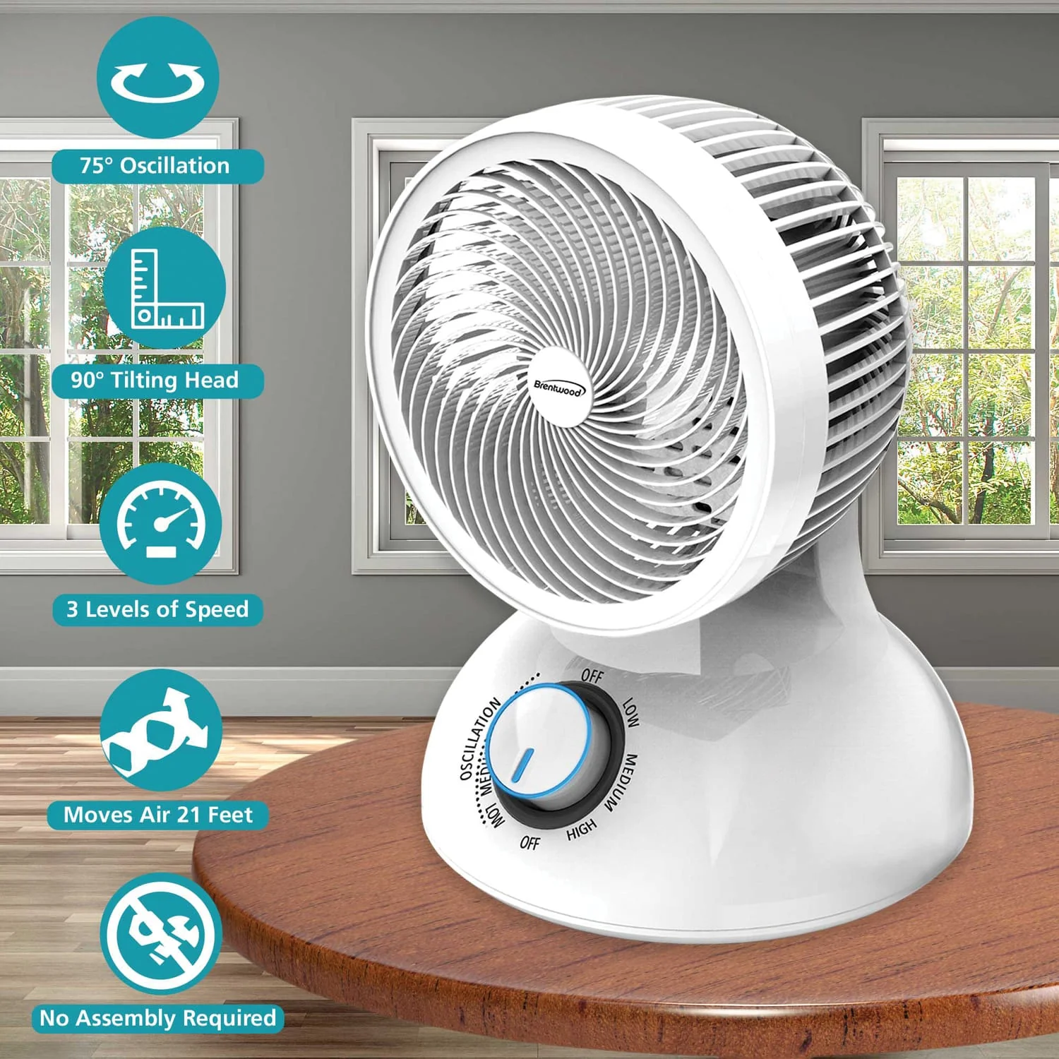 Brentwood 6-In. Portable Oscillating Air Circulator Desktop Fan with 3 Speeds, 21 CFM, 3 Blades, 90° Tilt, 75° Oscillation, 28 Watts, 59-In. Cord - Image 2