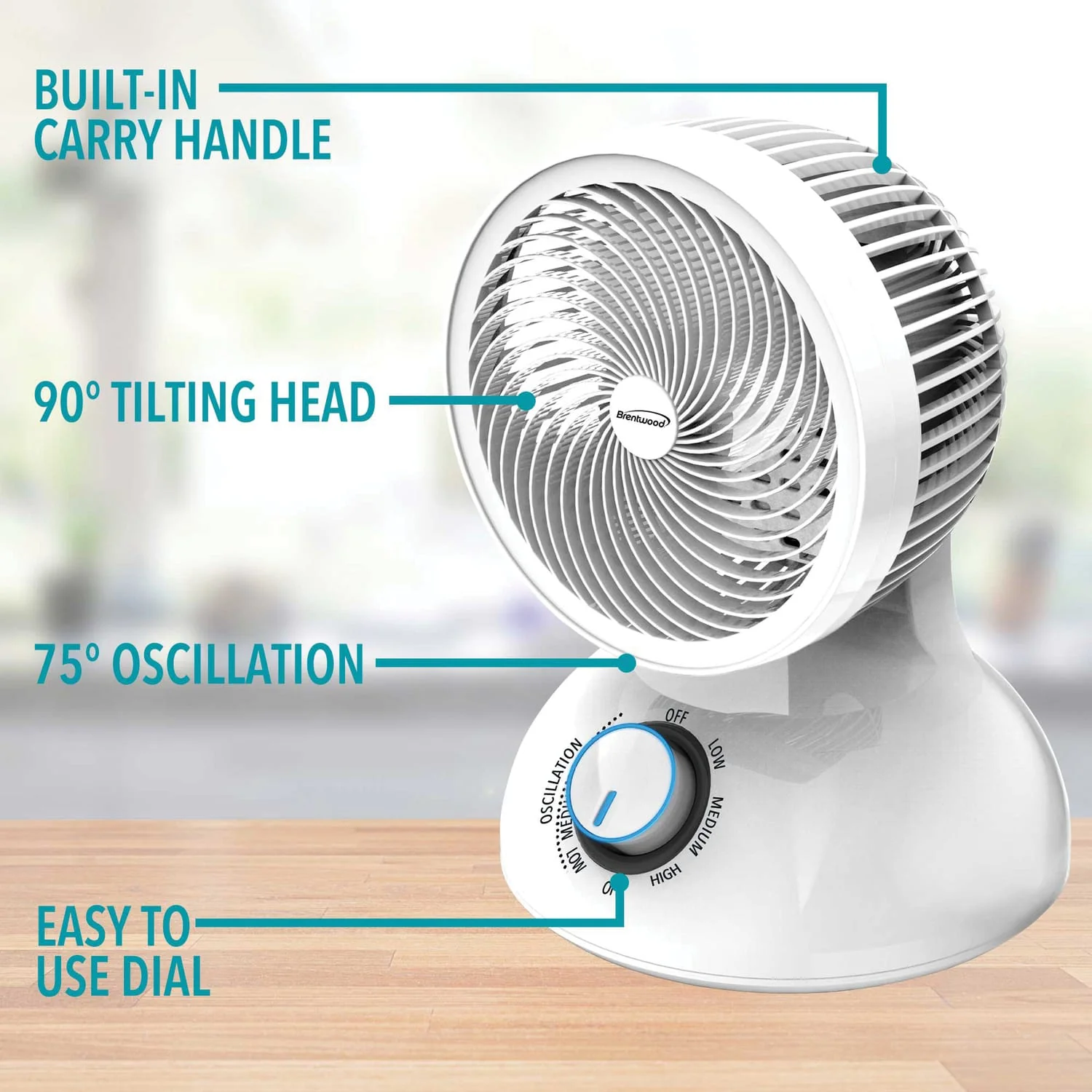 Brentwood 6-In. Portable Oscillating Air Circulator Desktop Fan with 3 Speeds, 21 CFM, 3 Blades, 90° Tilt, 75° Oscillation, 28 Watts, 59-In. Cord - Image 4