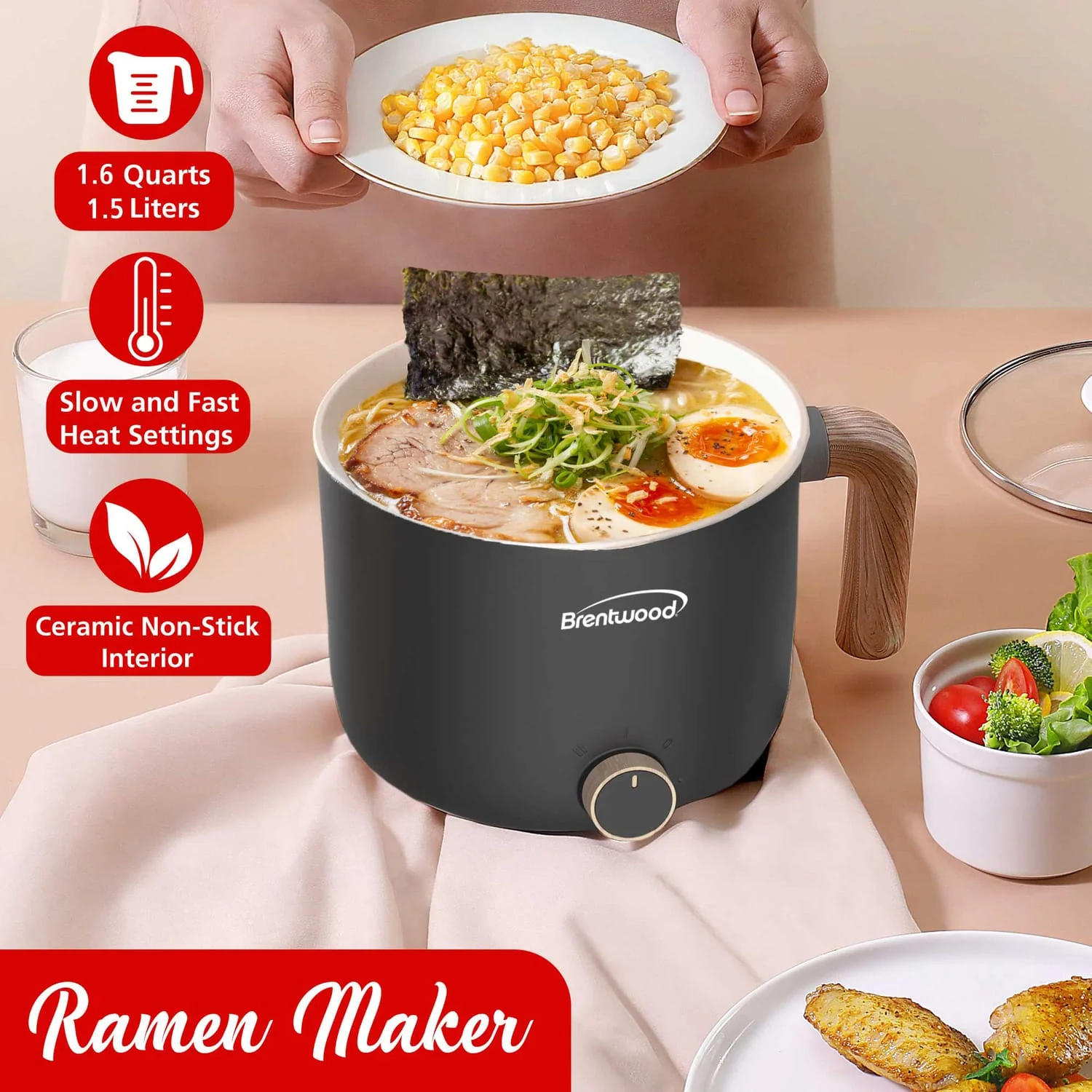 Brentwood 600-Watt 1.6-Qt. Multifunction Electric Hot Pot Cooker with Ceramic Nonstick Coating and Stainless Steel Food Steamer, Angled Handle, Black - Image 2
