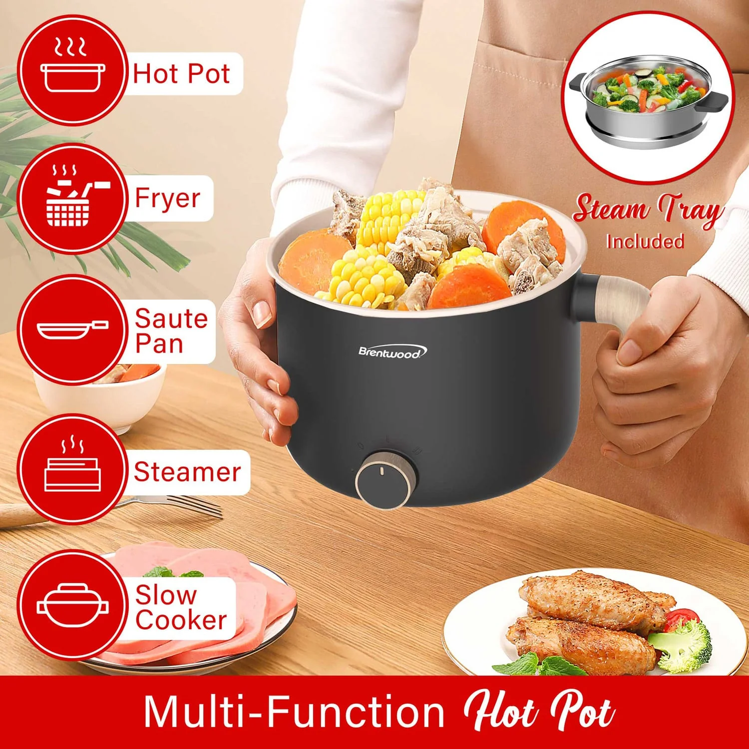Brentwood 600-Watt 1.6-Qt. Multifunction Electric Hot Pot Cooker with Ceramic Nonstick Coating and Stainless Steel Food Steamer, Angled Handle, Black - Image 3