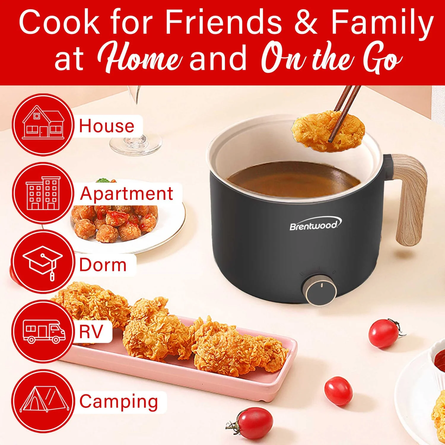 Brentwood 600-Watt 1.6-Qt. Multifunction Electric Hot Pot Cooker with Ceramic Nonstick Coating and Stainless Steel Food Steamer, Angled Handle, Black - Image 4