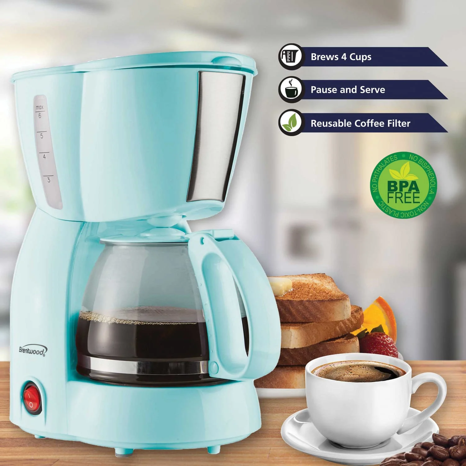 Brentwood 650-Watt 4-Cup Coffee Maker, Blue - Image 5