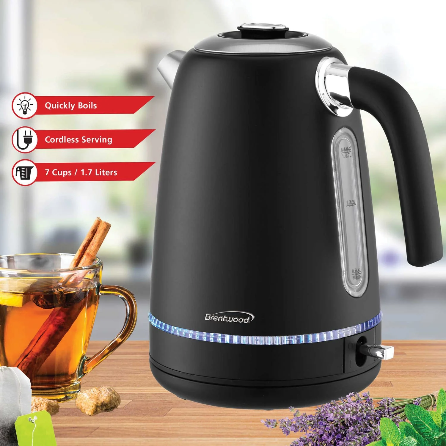 Brentwood 7-Cup 1500-Watt Cordless Electric Stainless Steel Kettle, Black - Image 3