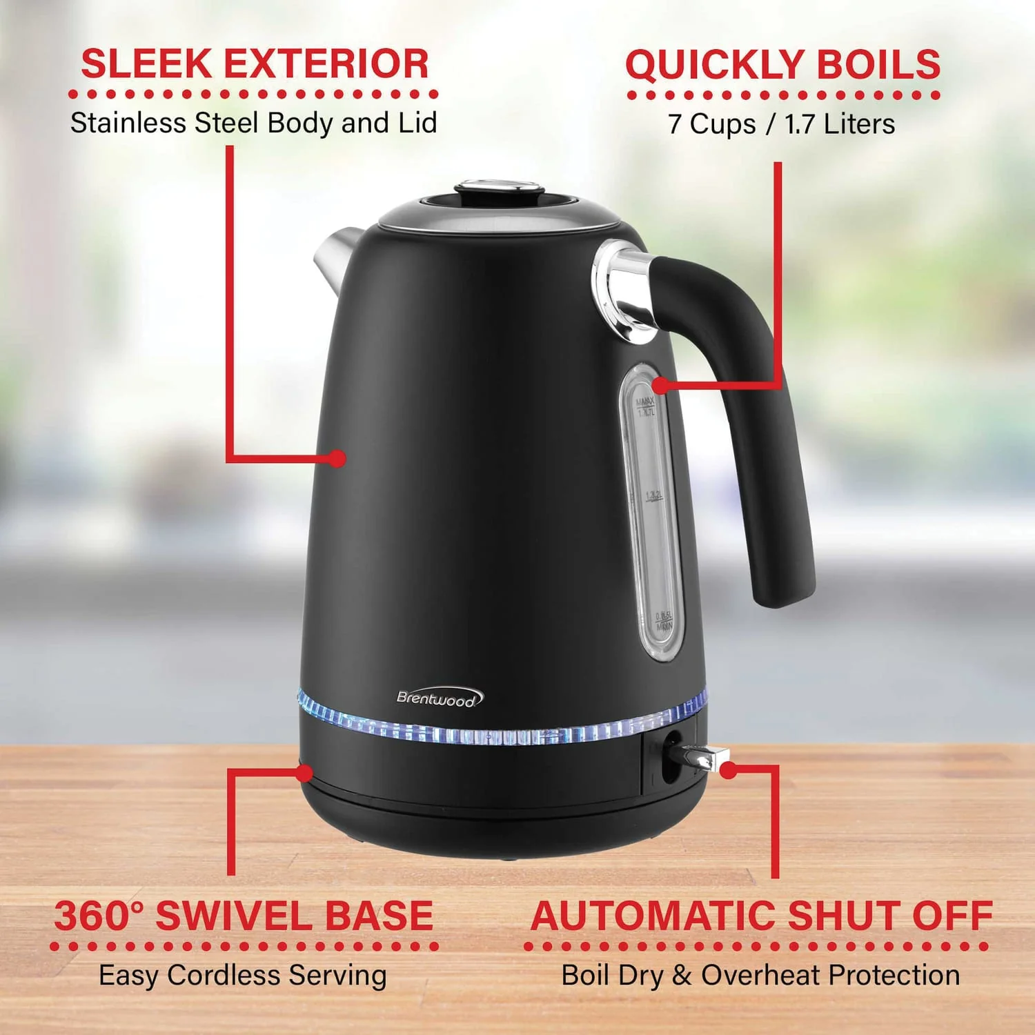 Brentwood 7-Cup 1500-Watt Cordless Electric Stainless Steel Kettle, Black - Image 4