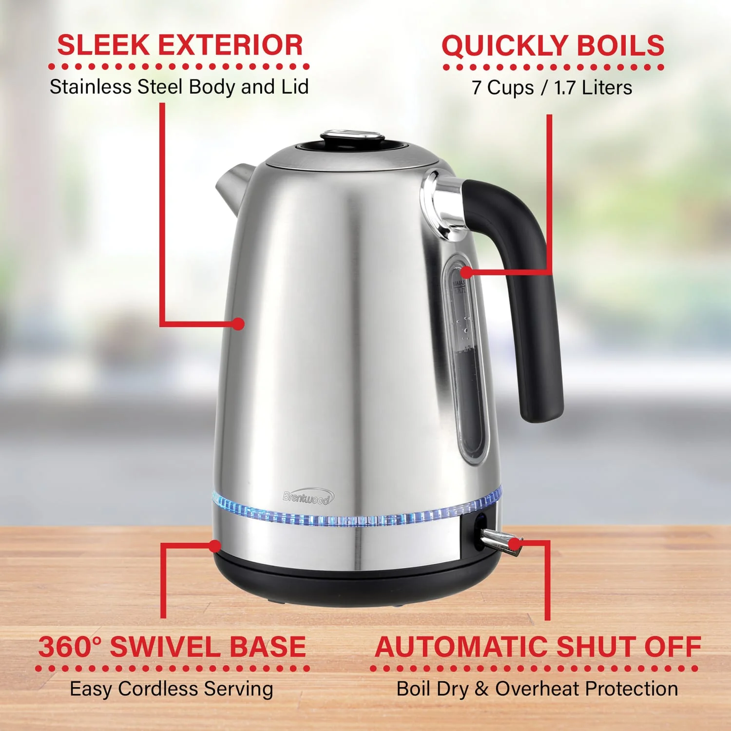 Brentwood 7-Cup 1500-Watt Cordless Electric Stainless Steel Kettle, Metallic - Image 5
