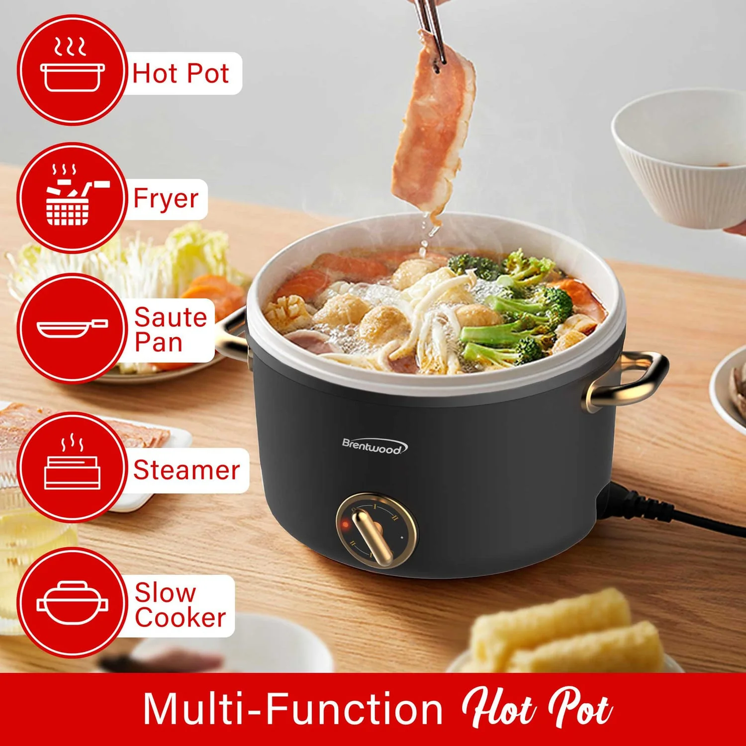 Brentwood 700-Watt 2.6-Qt. Multifunction Electric Hot Pot Cooker with Ceramic Nonstick Coating and Food Steamer, Black - Image 2