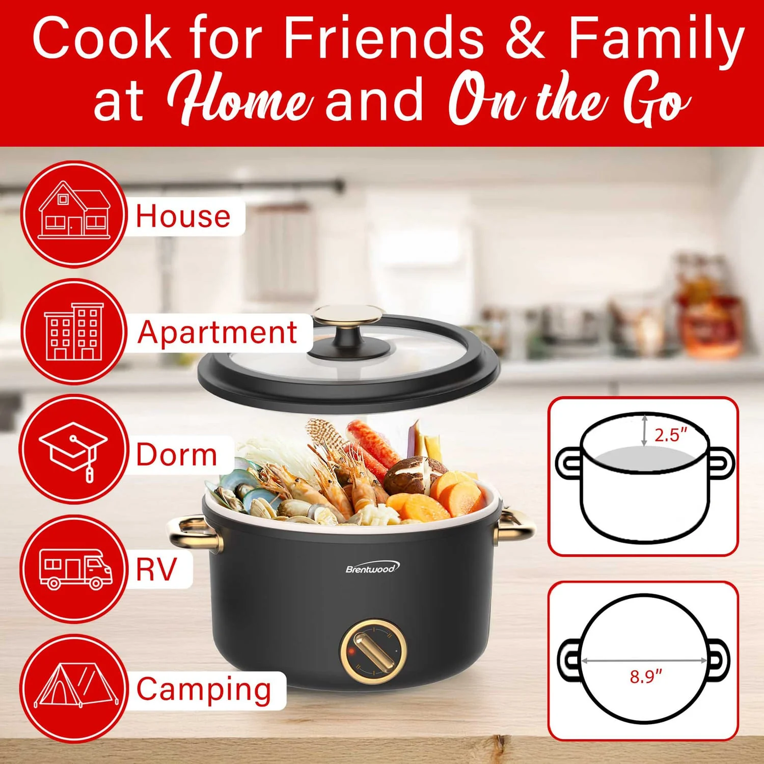 Brentwood 700-Watt 2.6-Qt. Multifunction Electric Hot Pot Cooker with Ceramic Nonstick Coating and Food Steamer, Black - Image 3