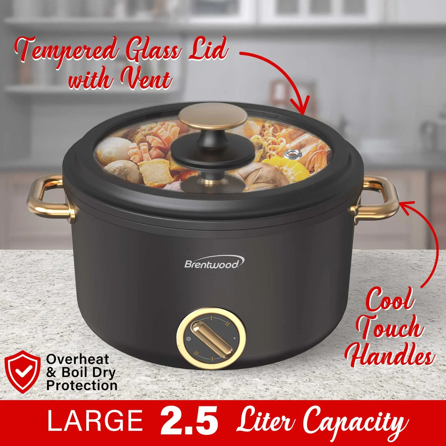 Brentwood 700-Watt 2.6-Qt. Multifunction Electric Hot Pot Cooker with Ceramic Nonstick Coating and Food Steamer, Black - Image 5
