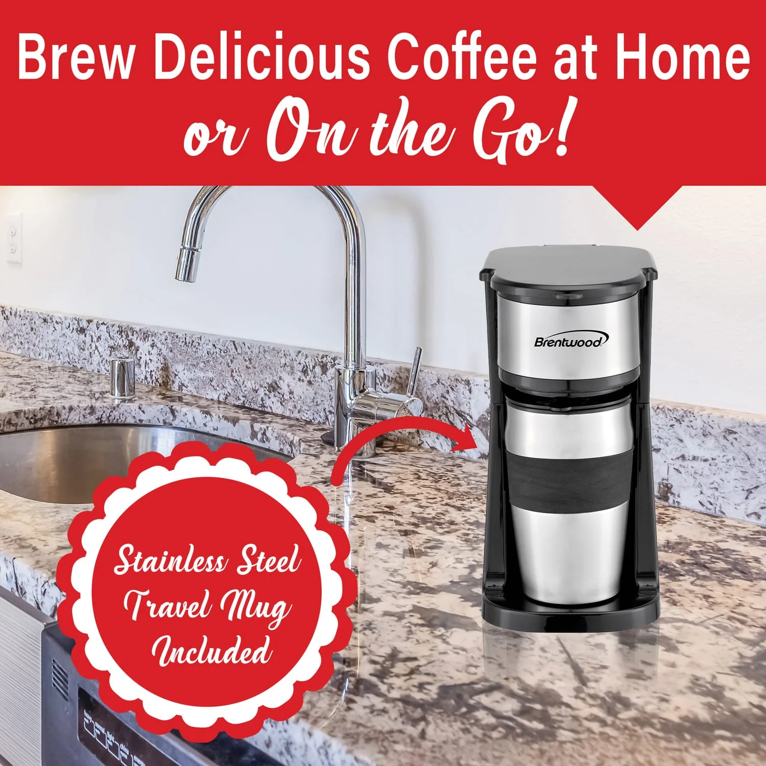 Brentwood 700-Watt Portable Single-Serve Coffee Maker with 14-Oz. Travel Mug - Image 2