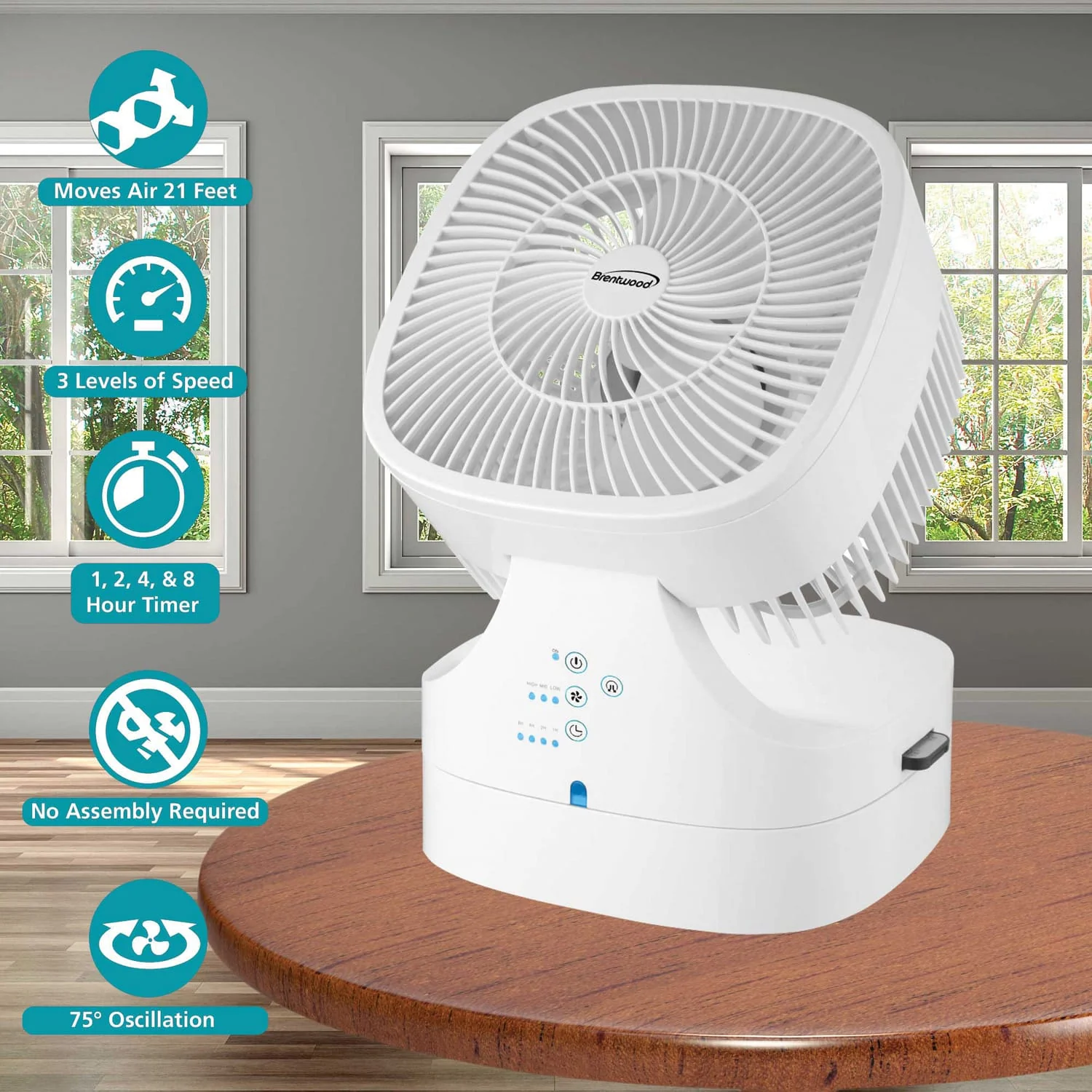 Brentwood 8-In. Portable Oscillating High-Velocity Air-Circulator Desktop Fan with Remote, Timer, 3 Speeds, 25 CFM, 90° Tilting Head, 58-In. Cord - Image 2