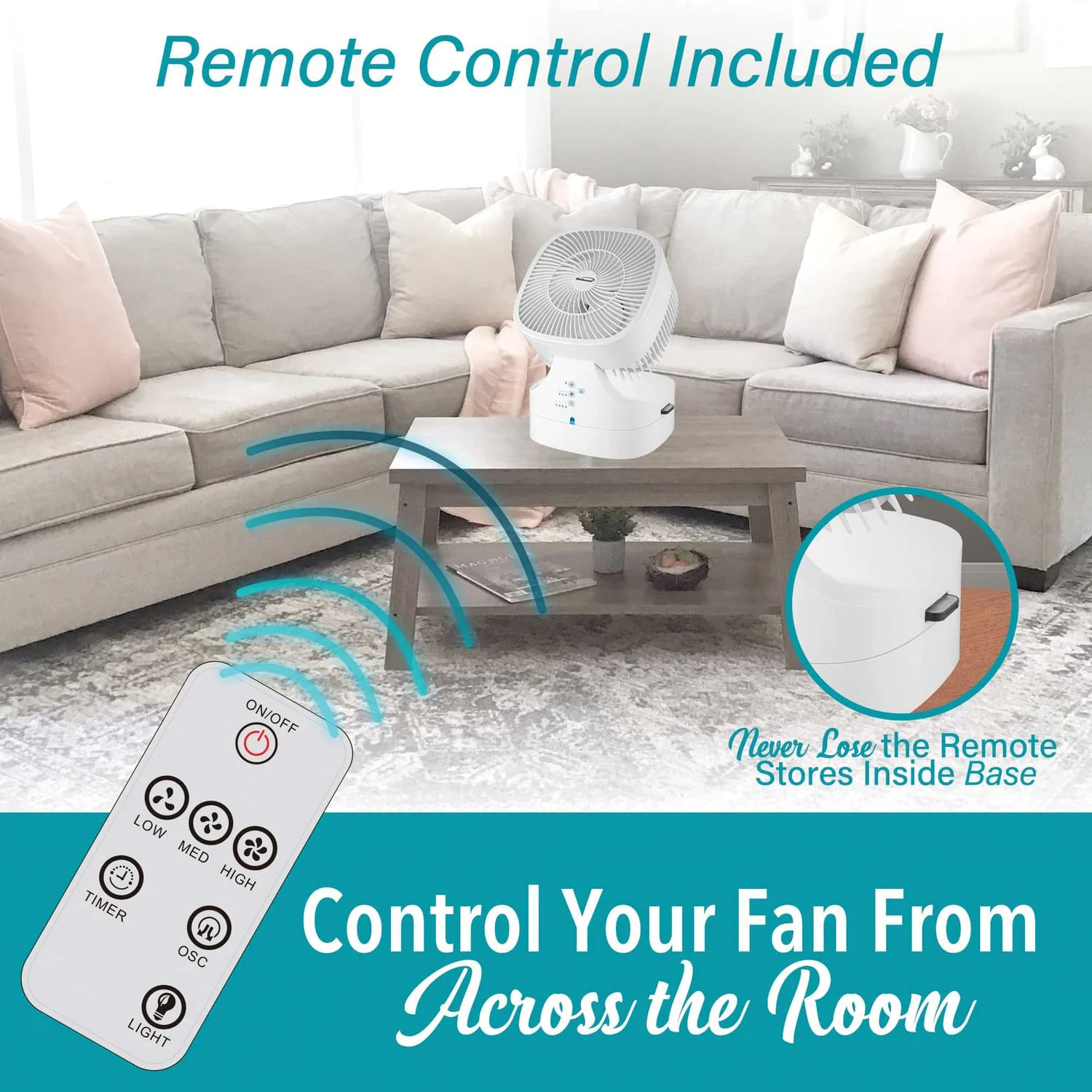 Brentwood 8-In. Portable Oscillating High-Velocity Air-Circulator Desktop Fan with Remote, Timer, 3 Speeds, 25 CFM, 90° Tilting Head, 58-In. Cord - Image 3