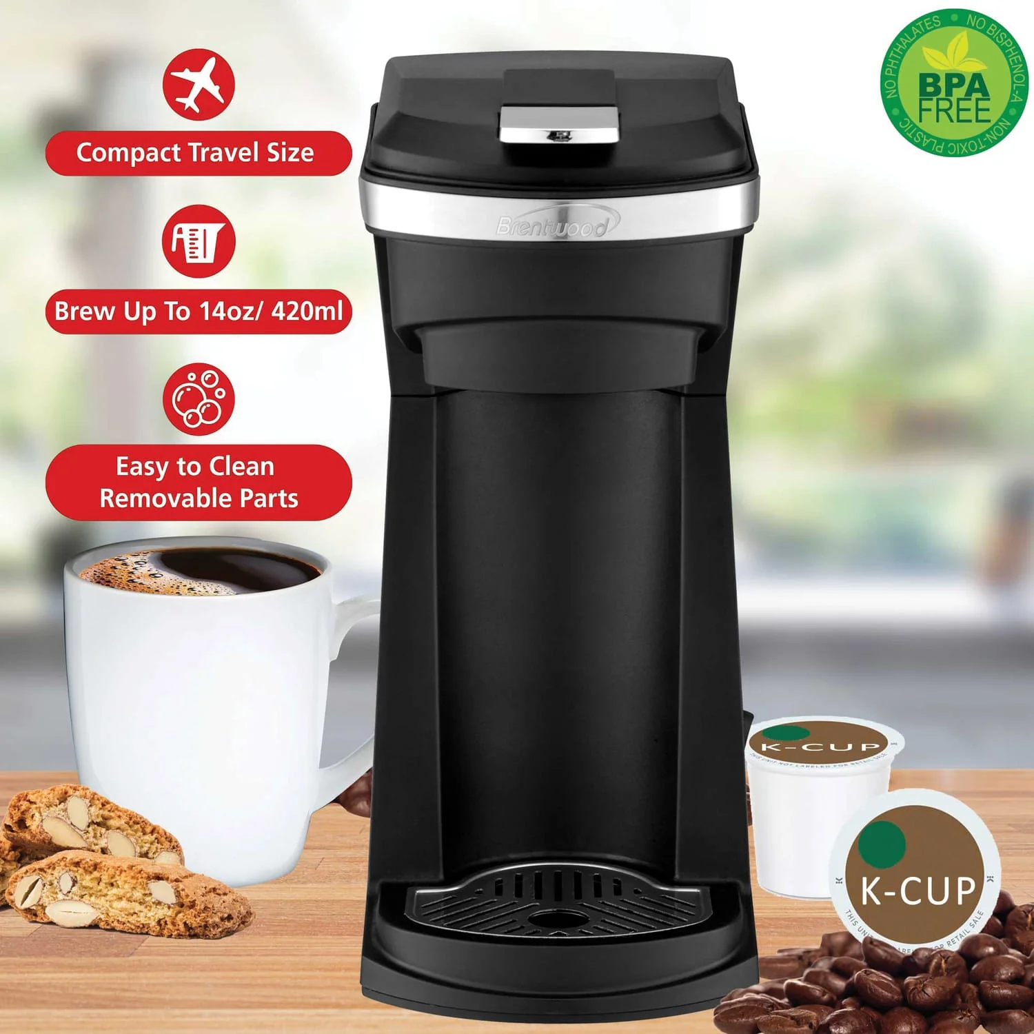 Brentwood 800-Watt Single-Serve Coffee Maker with Reusable Filter Basket for K-Cup Pods and Ground Coffee - Image 3