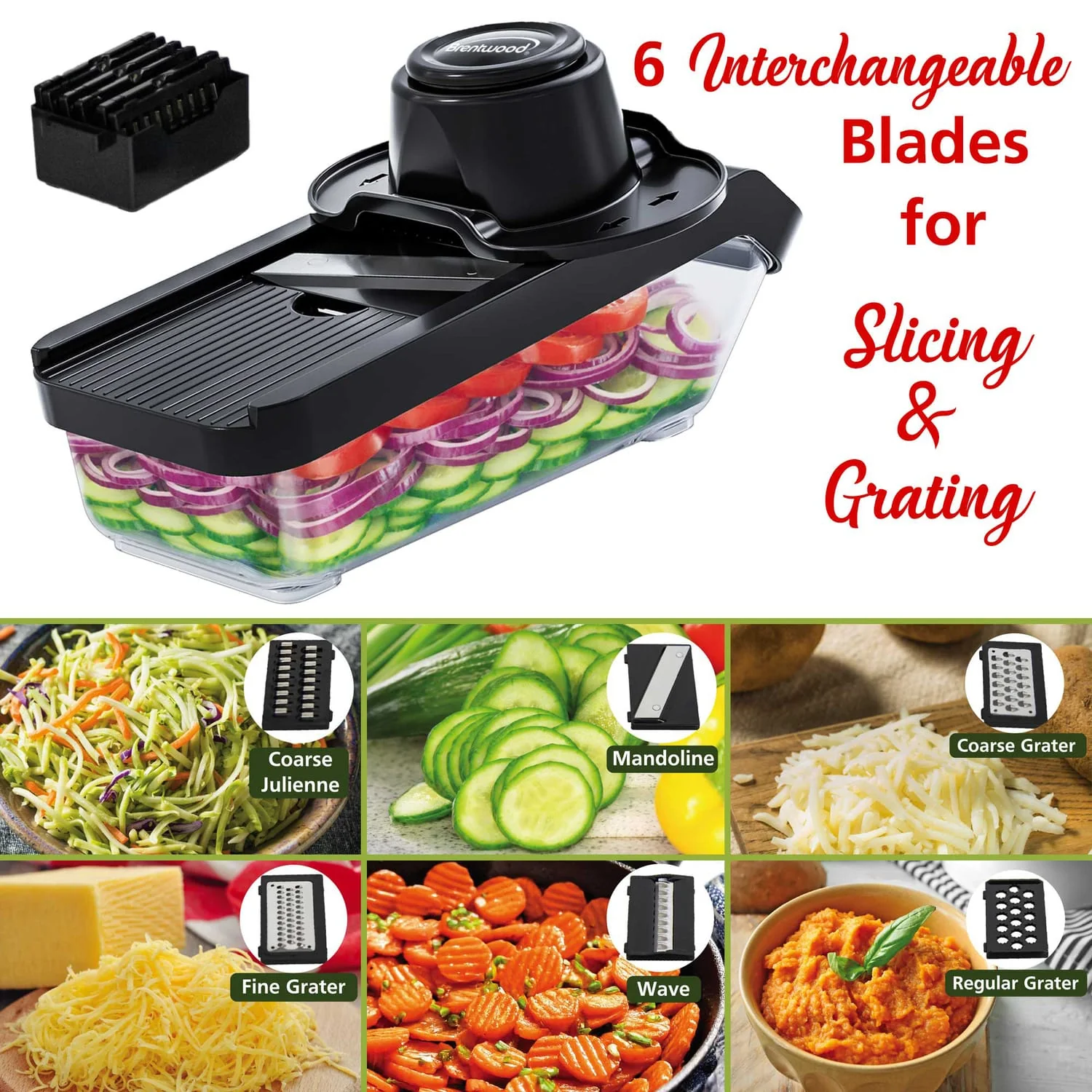 Brentwood All-in-One Food and Vegetable Chopper, Mandoline Slicer, and Cheese Grater with 4.25-Cup Storage, Black - Image 3