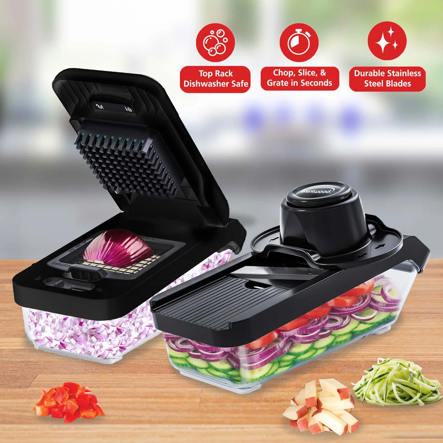 Brentwood All-in-One Food and Vegetable Chopper, Mandoline Slicer, and Cheese Grater with 4.25-Cup Storage, Black - Image 5