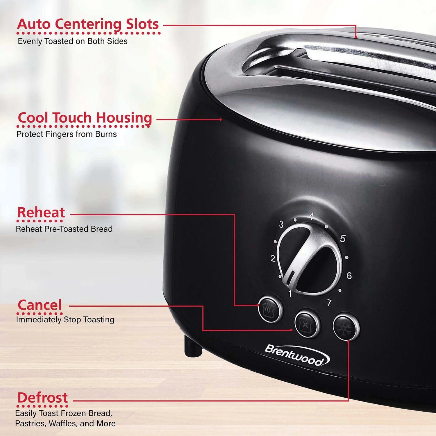 Brentwood Cool-Touch 2-Slice Retro Toaster with Extra-Wide Slots, Black - Image 5