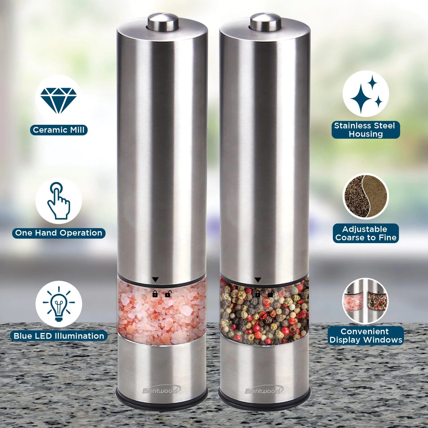 Brentwood Electric Blue LED Stainless Steel Salt and Pepper Adjustable Ceramic Grinders - Image 3
