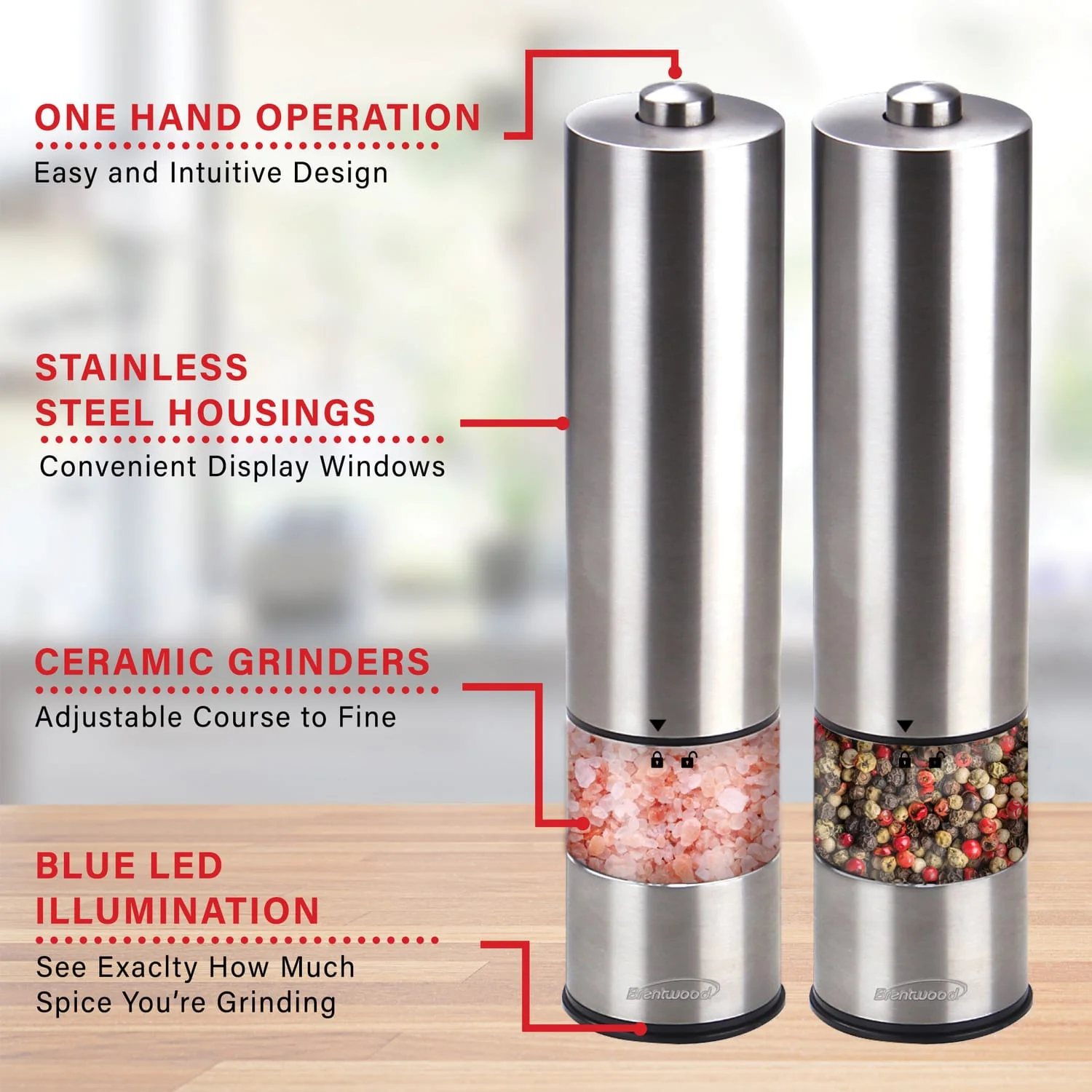 Brentwood Electric Blue LED Stainless Steel Salt and Pepper Adjustable Ceramic Grinders - Image 5