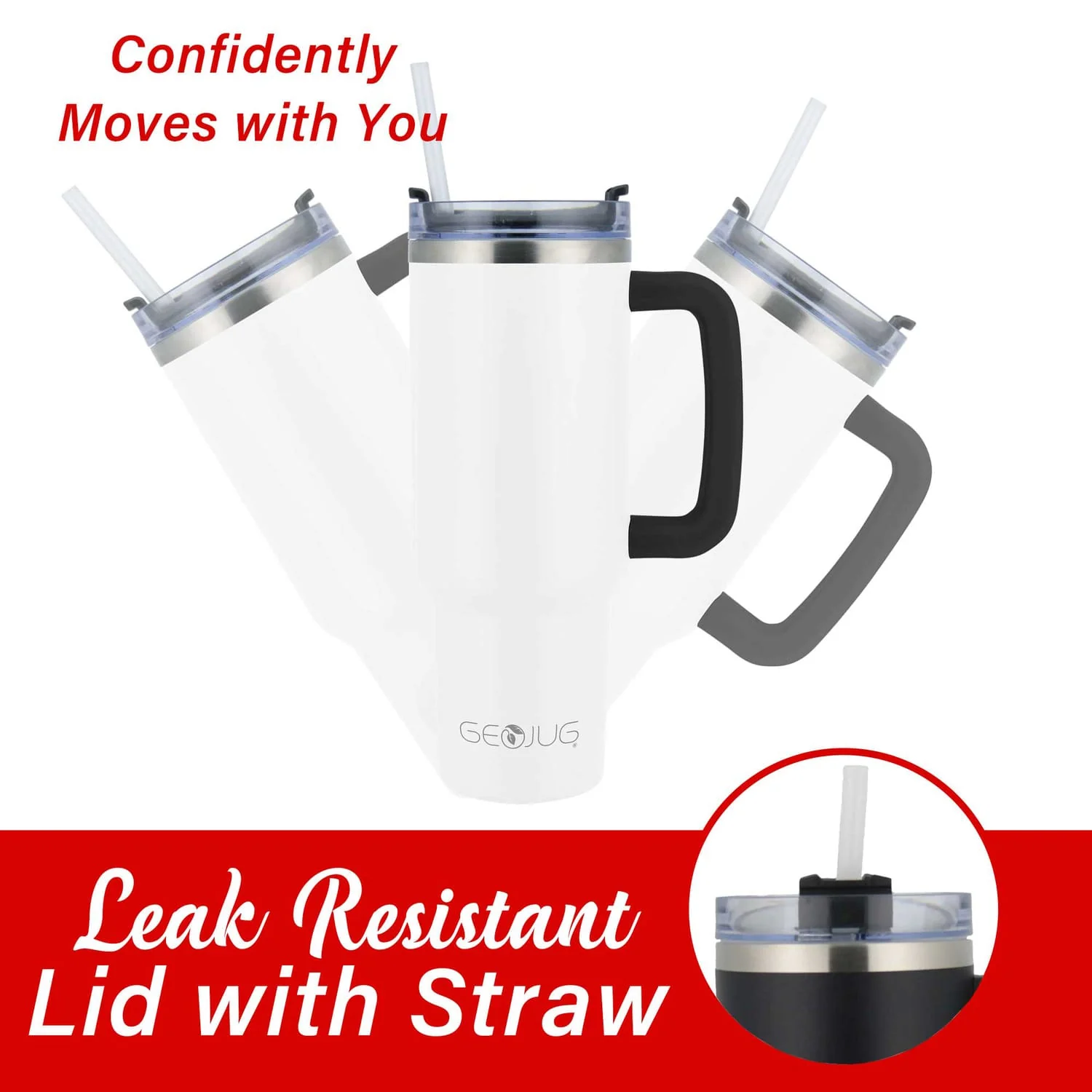 Brentwood Geojug 40-Oz. Insulated Stainless Steel Tumbler Cup with Handle, Lid, and Straw, Black, Cream - Image 2