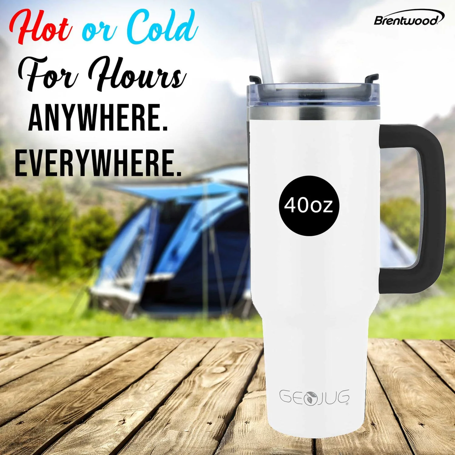 Brentwood Geojug 40-Oz. Insulated Stainless Steel Tumbler Cup with Handle, Lid, and Straw, Black, Cream - Image 4
